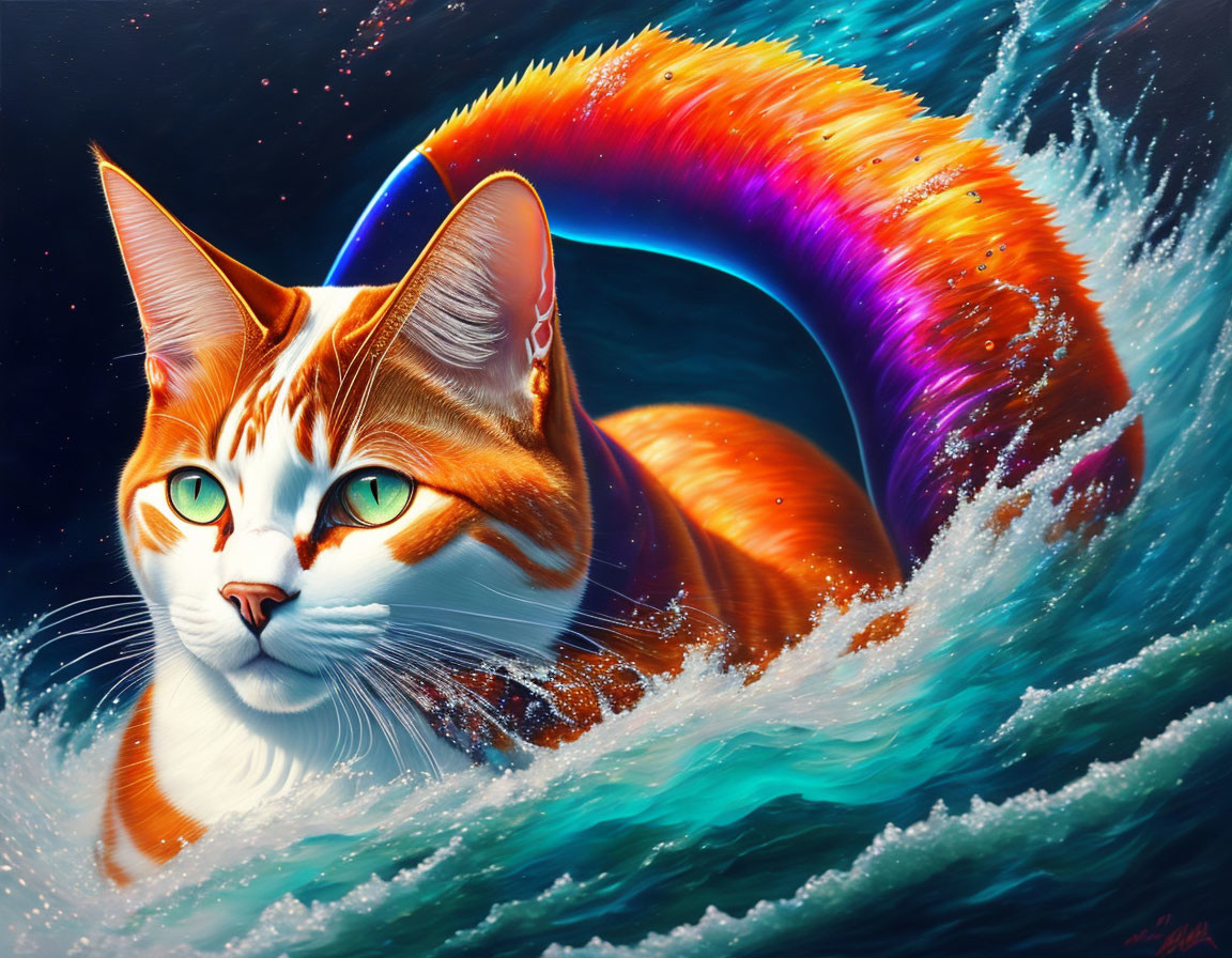 Colorful Illustration: Orange Tabby Cat with Green Eyes in Ocean Waves