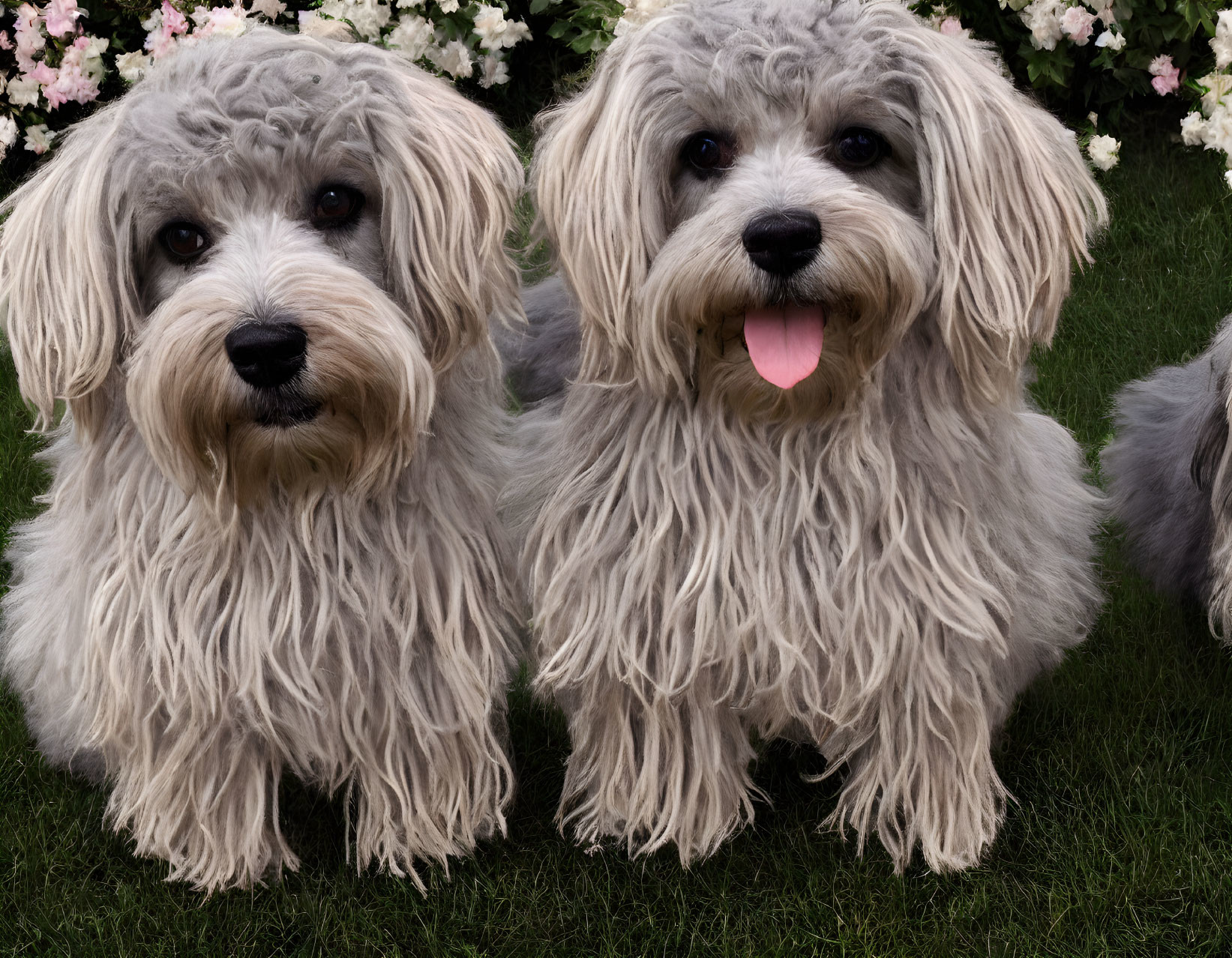 Fluffy Gray & White Dogs Sitting by Pink Flower Bushes