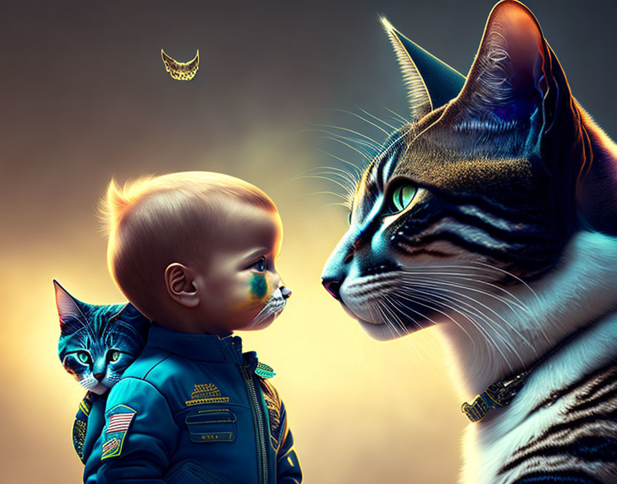 Surreal image of baby with facial paint and cats under dusky sky