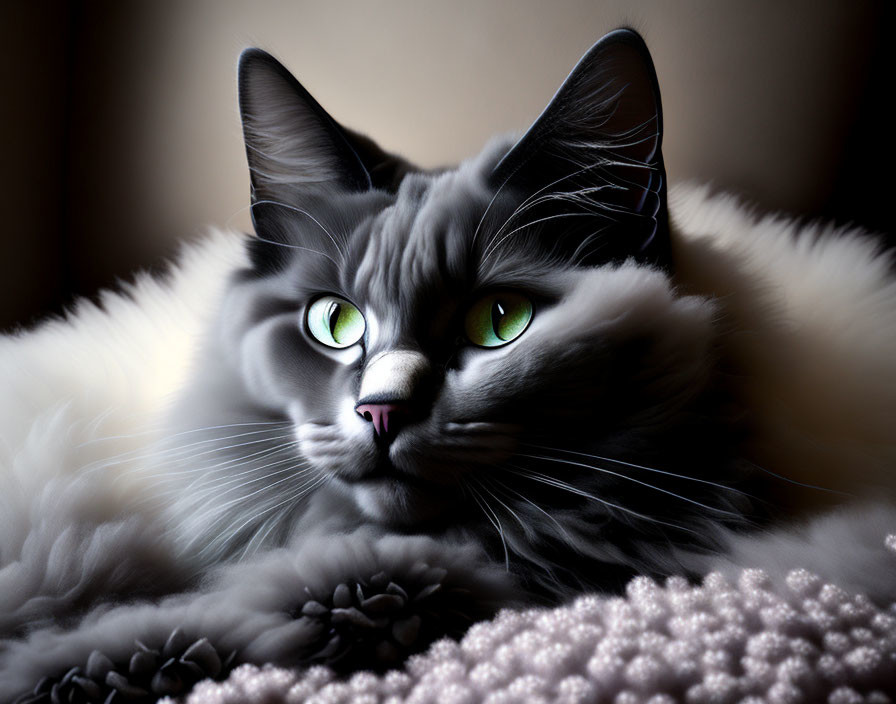 Gray Cat with Green Eyes Resting on Pink Surface