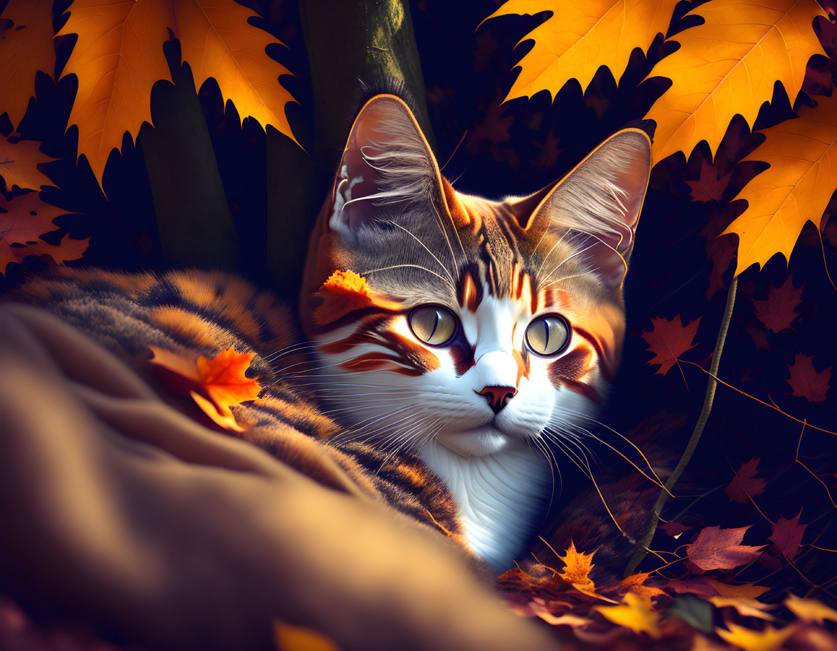 Adorable Cat with Round Glasses in Fall Leaves