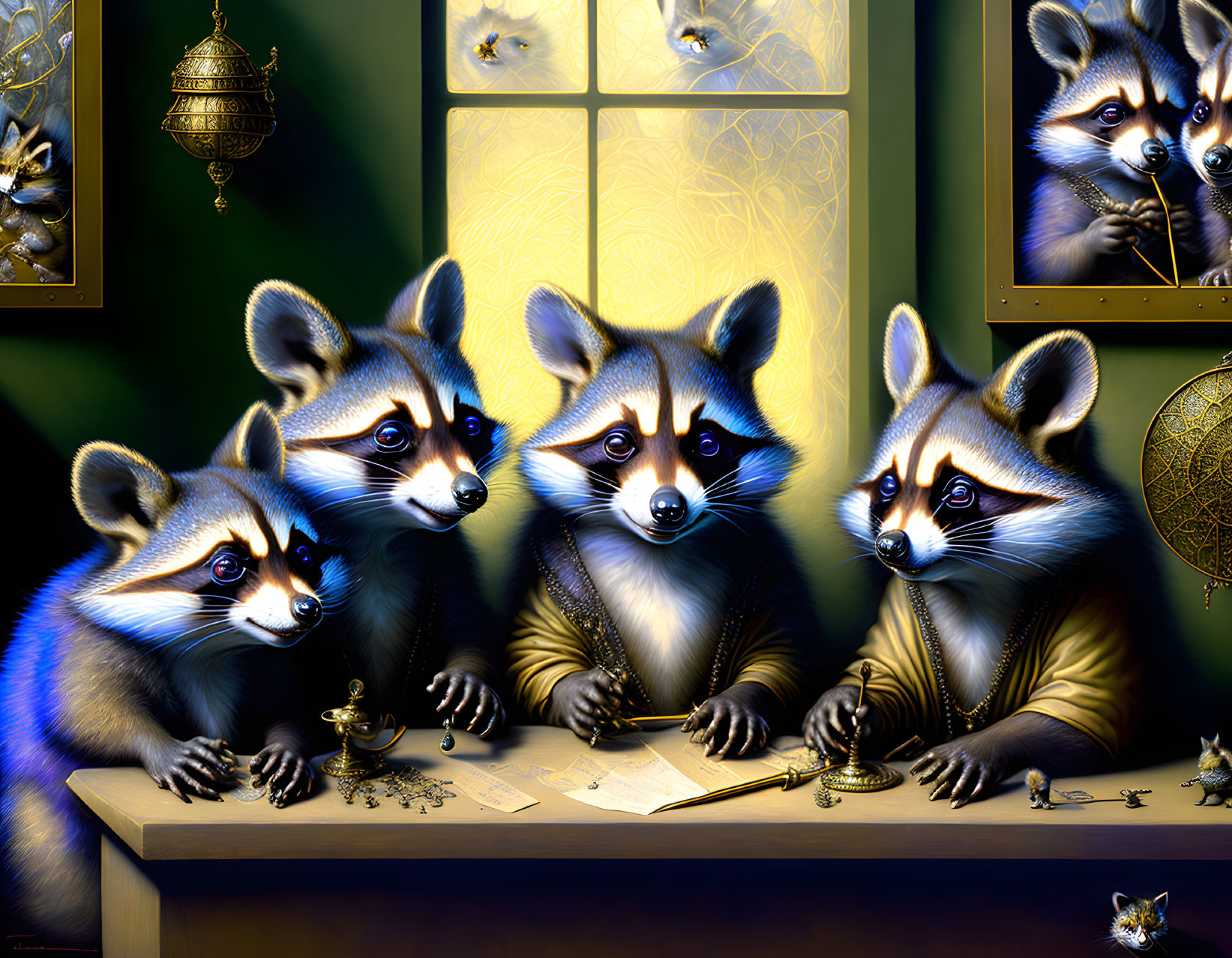 Raccoons Meeting at Table with Quills and Paper