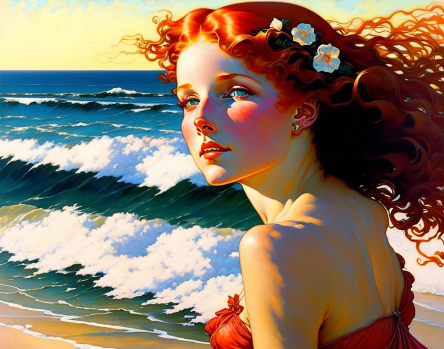 Red-haired woman in red dress by ocean waves