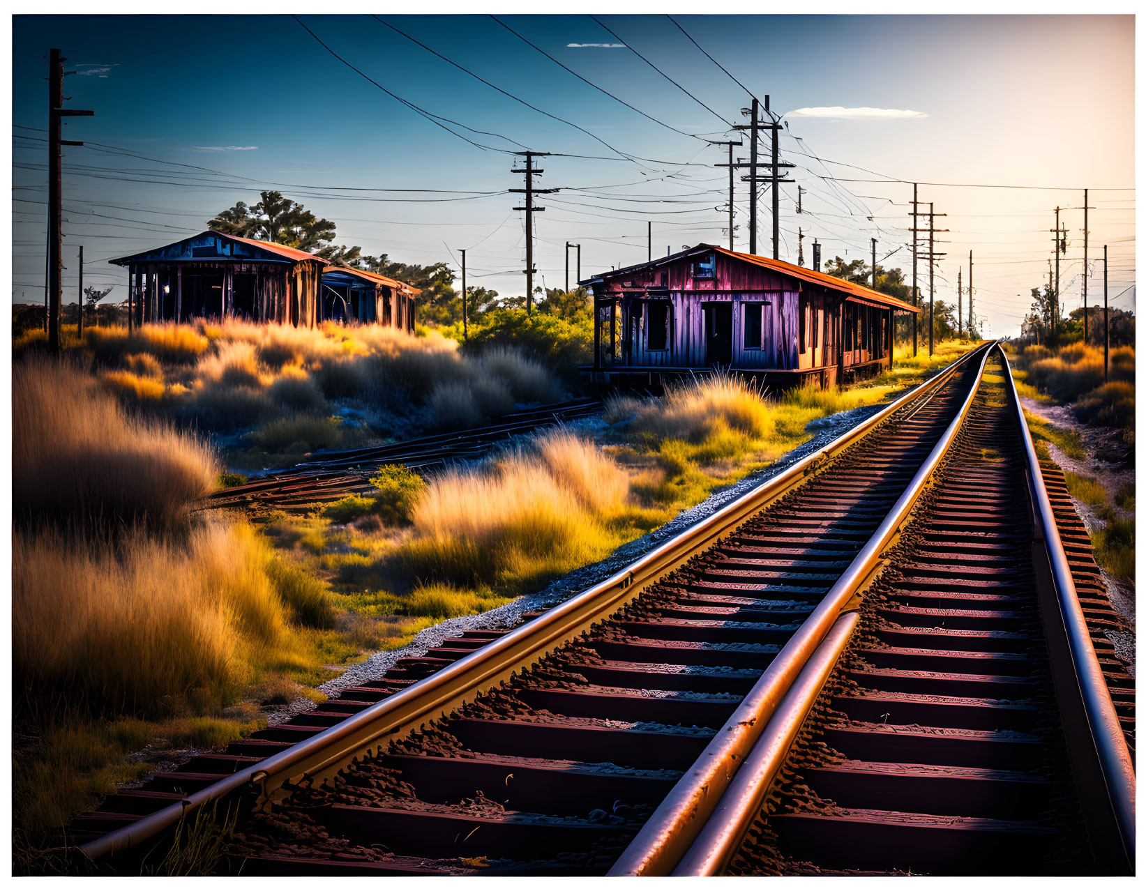 Abandoned railroad tracks at sunset with overgrown grass and buildings