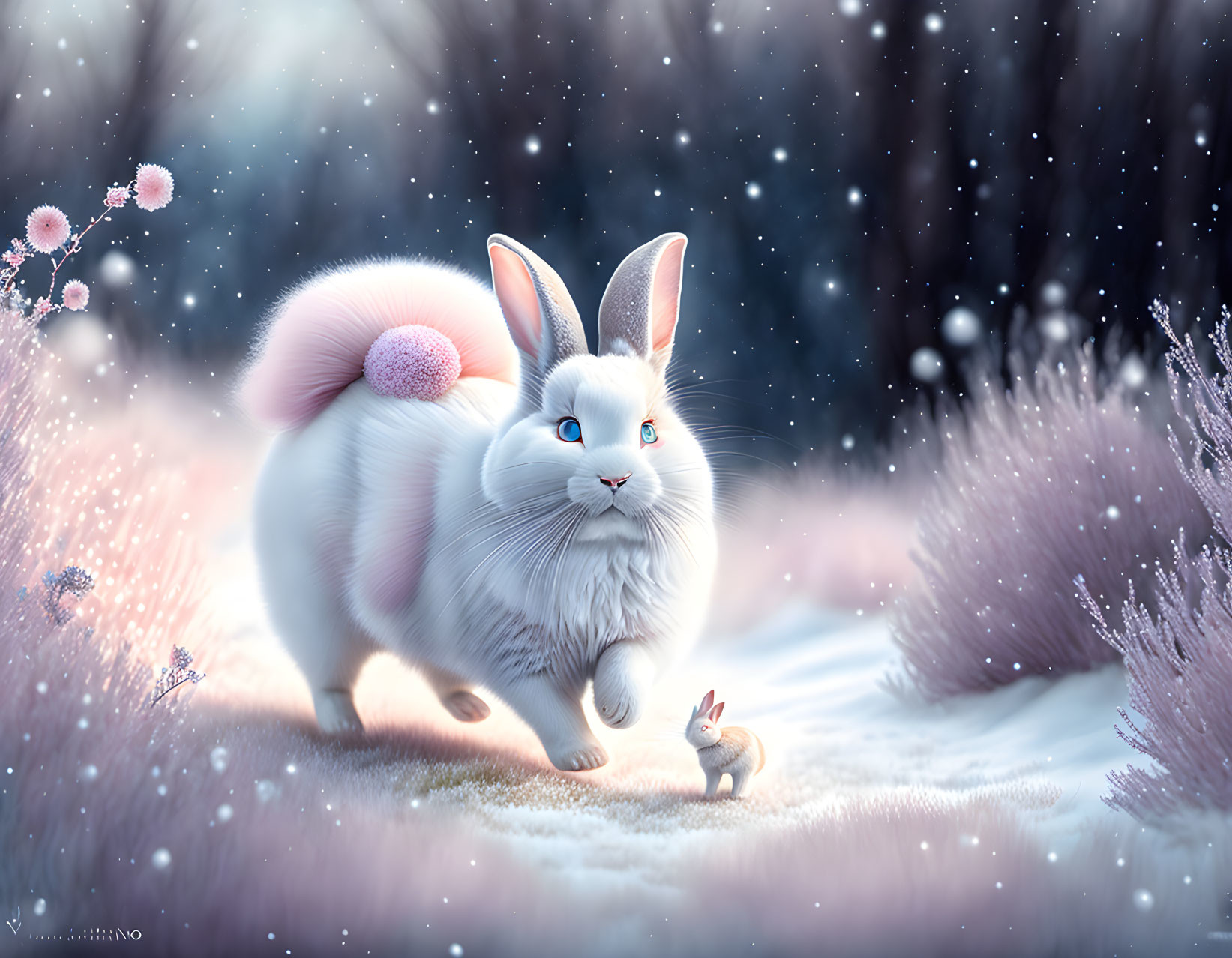 Whimsical illustration of fluffy rabbits in snowy forest