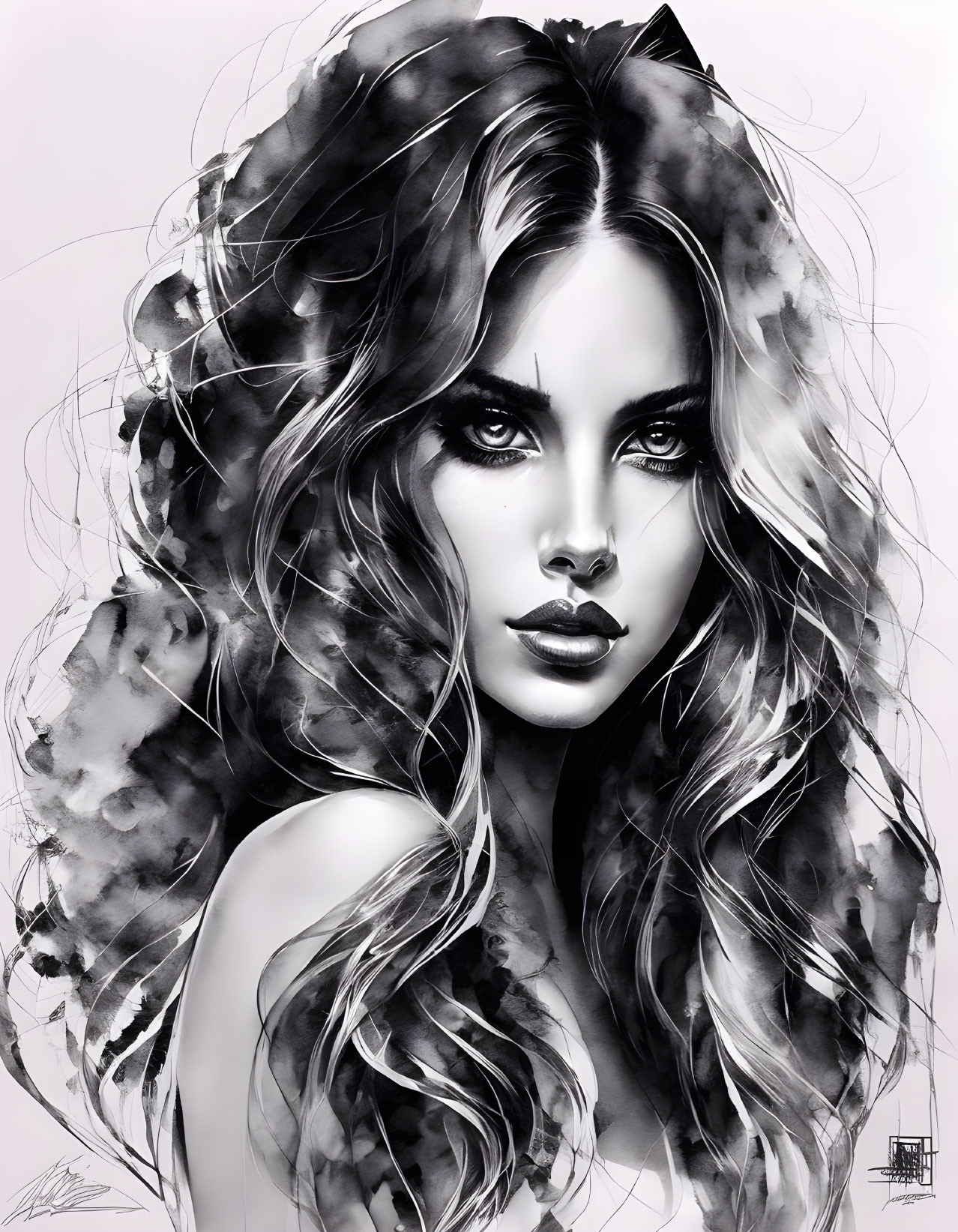 Monochrome illustration of a woman with voluminous hair, striking eyes, and full lips wearing a head