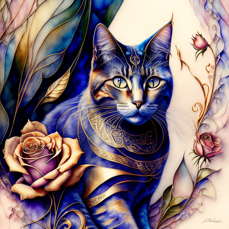 Colorful Cat Holding Rose Surrounded by Floral Designs