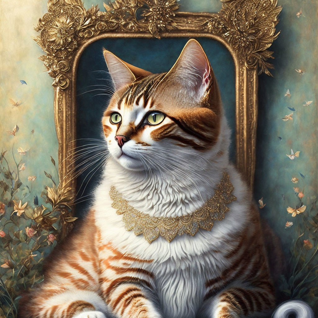 Striped cat in ornate collar in golden frame on floral background