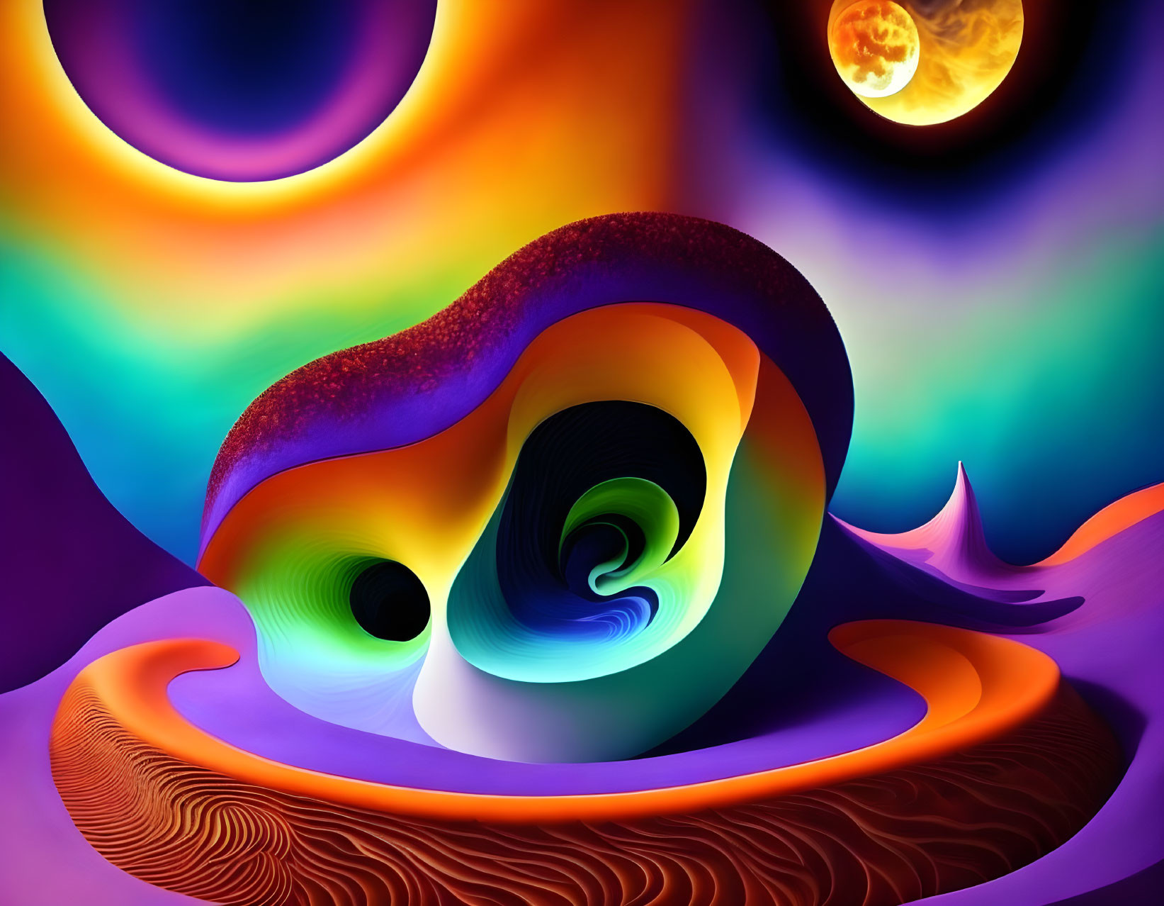 Vibrant surreal digital art: swirling shapes, purple and orange hues, moon in corner