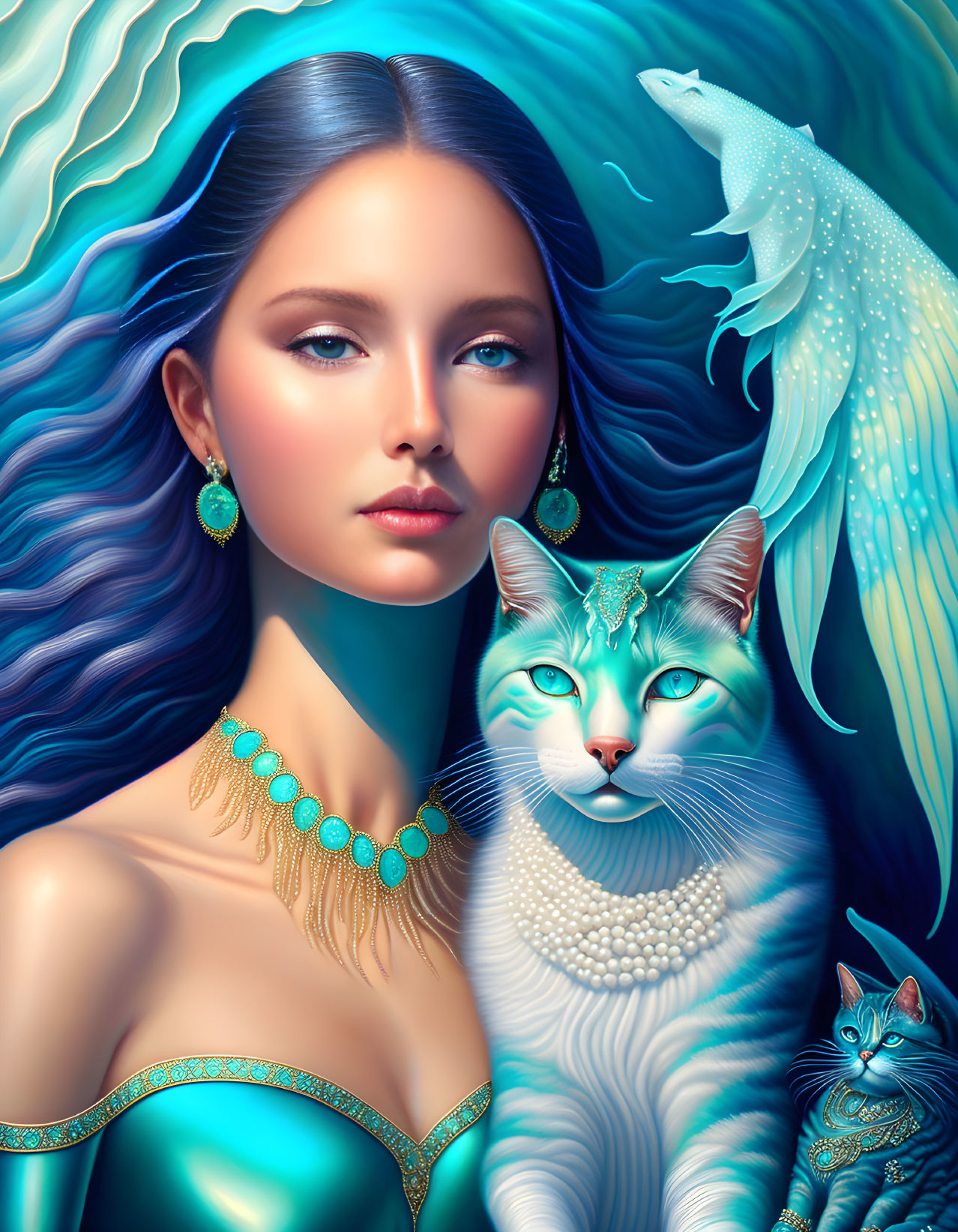 Blue-haired woman with mystical animals in aqua and turquoise hues.