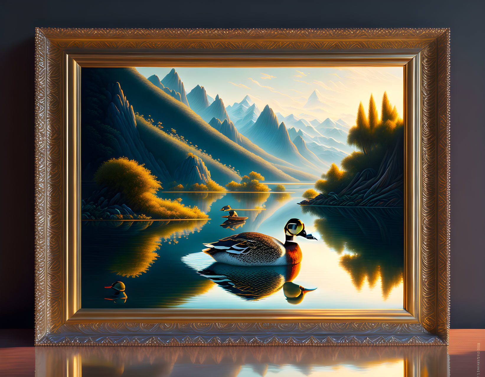 Mountainous Landscape with Lake, Duck, and Boats in Golden Light