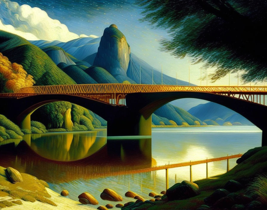 Tranquil river bridge with forest hills and mountain backdrop