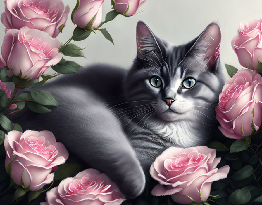 Grey and White Cat with Green Eyes in Pink Rose Garden