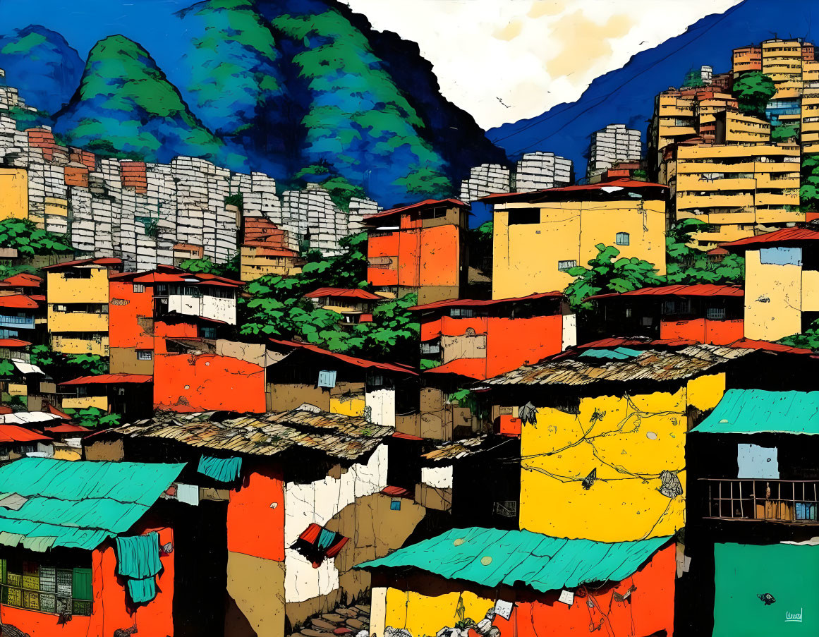 Vibrant artistic depiction of colorful hillside favela and lush green mountains