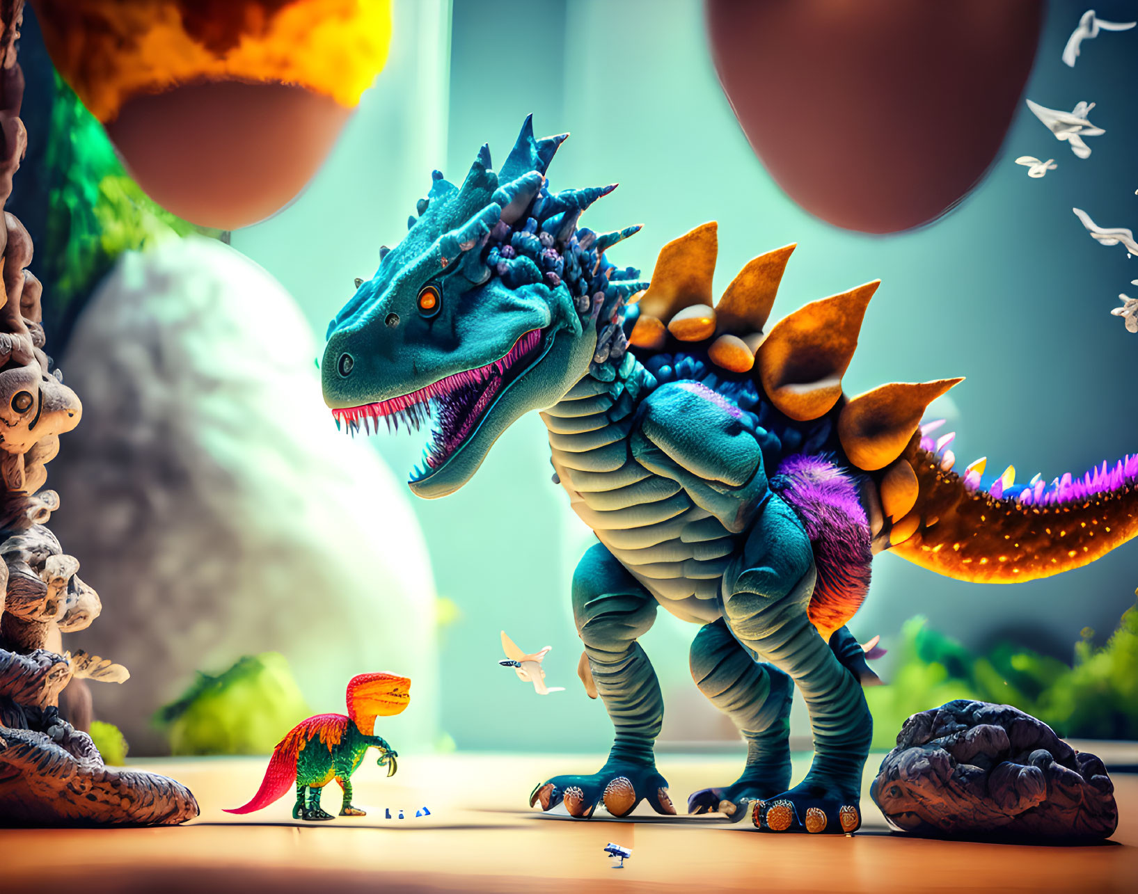 Colorful Toy Dinosaurs in Whimsical Setting