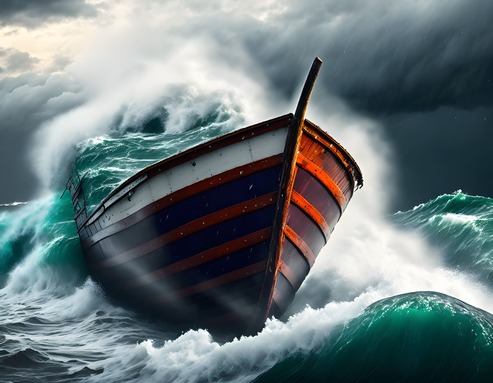 Large ship tilts on towering ocean waves in stormy sky