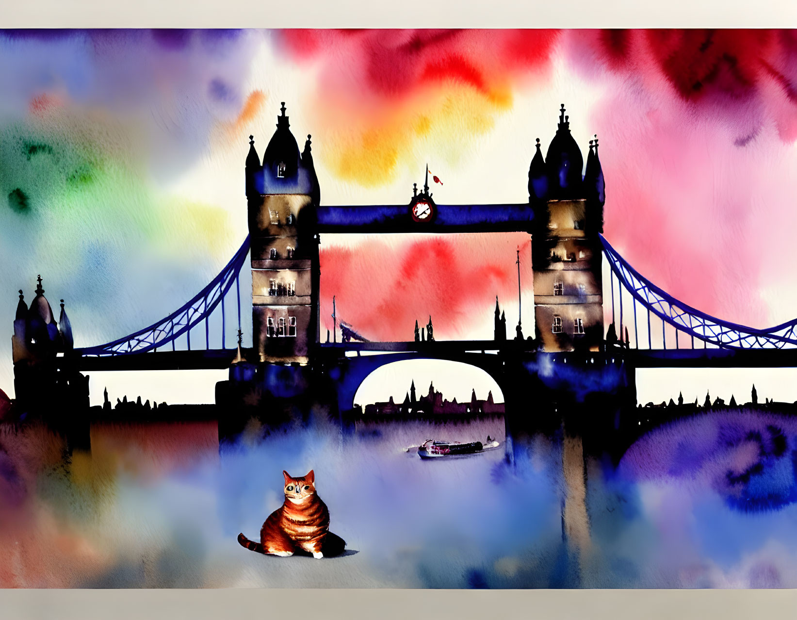 Vibrant Watercolor Painting: Tower Bridge Sunset with Cat and Boat