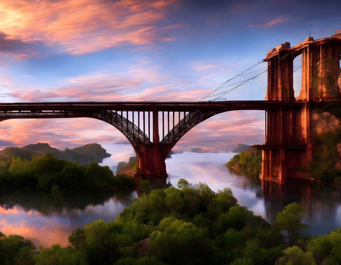 Majestic bridge over tranquil river with mist, lush greenery, and dramatic sky.