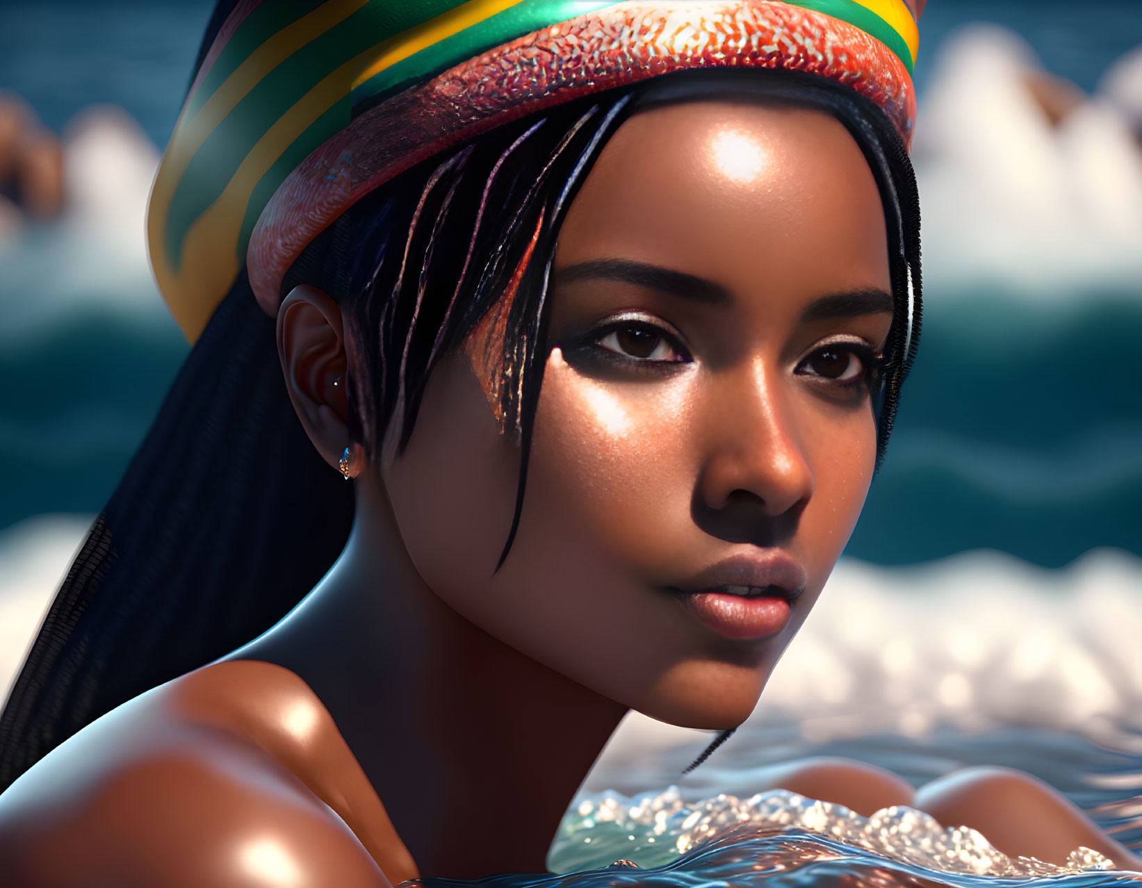 Colorful headwrap woman wading in water with contemplative gaze