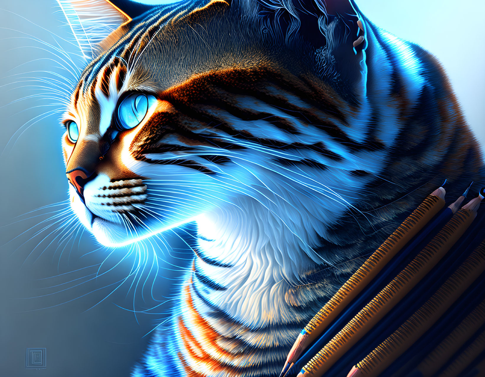 Blue-eyed cat with stripes in digital artwork on gradient background