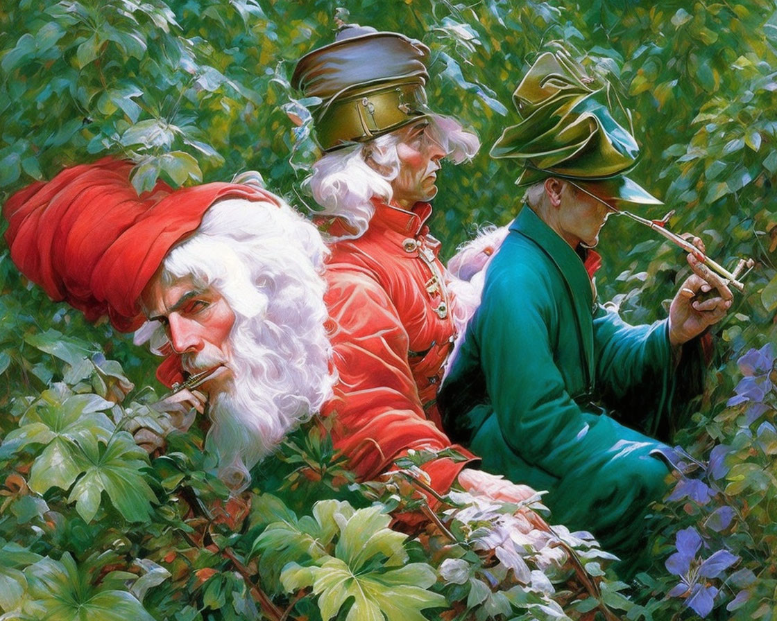 Three historical military figures in lush green background with one wearing red hat and white beard