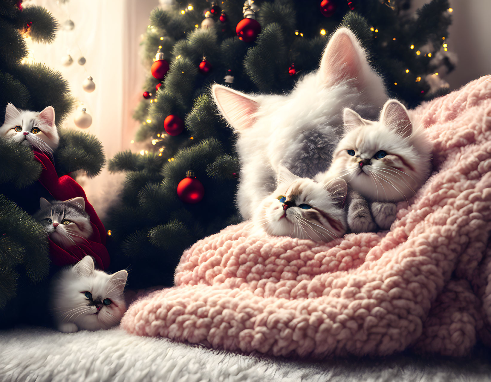 Five white cats cuddling on pink blanket near Christmas tree with lights and red ornaments