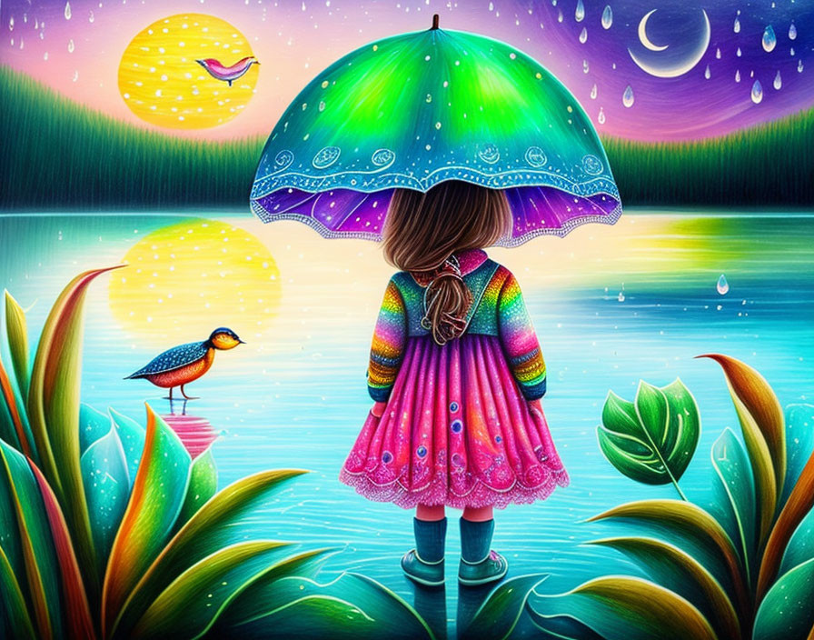 Colorful umbrella girl by pond with lily pads under sun and moon