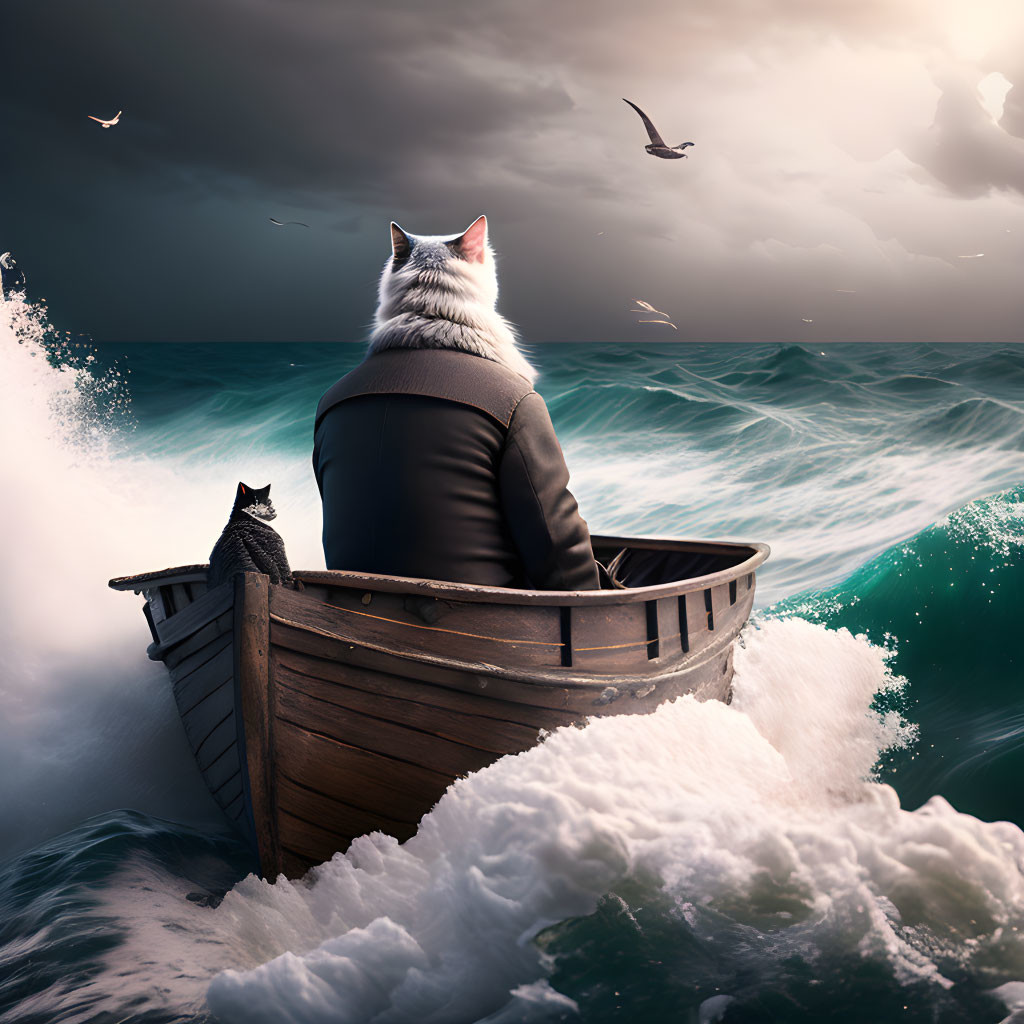 Cat-headed person in boat on stormy sea with smaller cat and seagulls