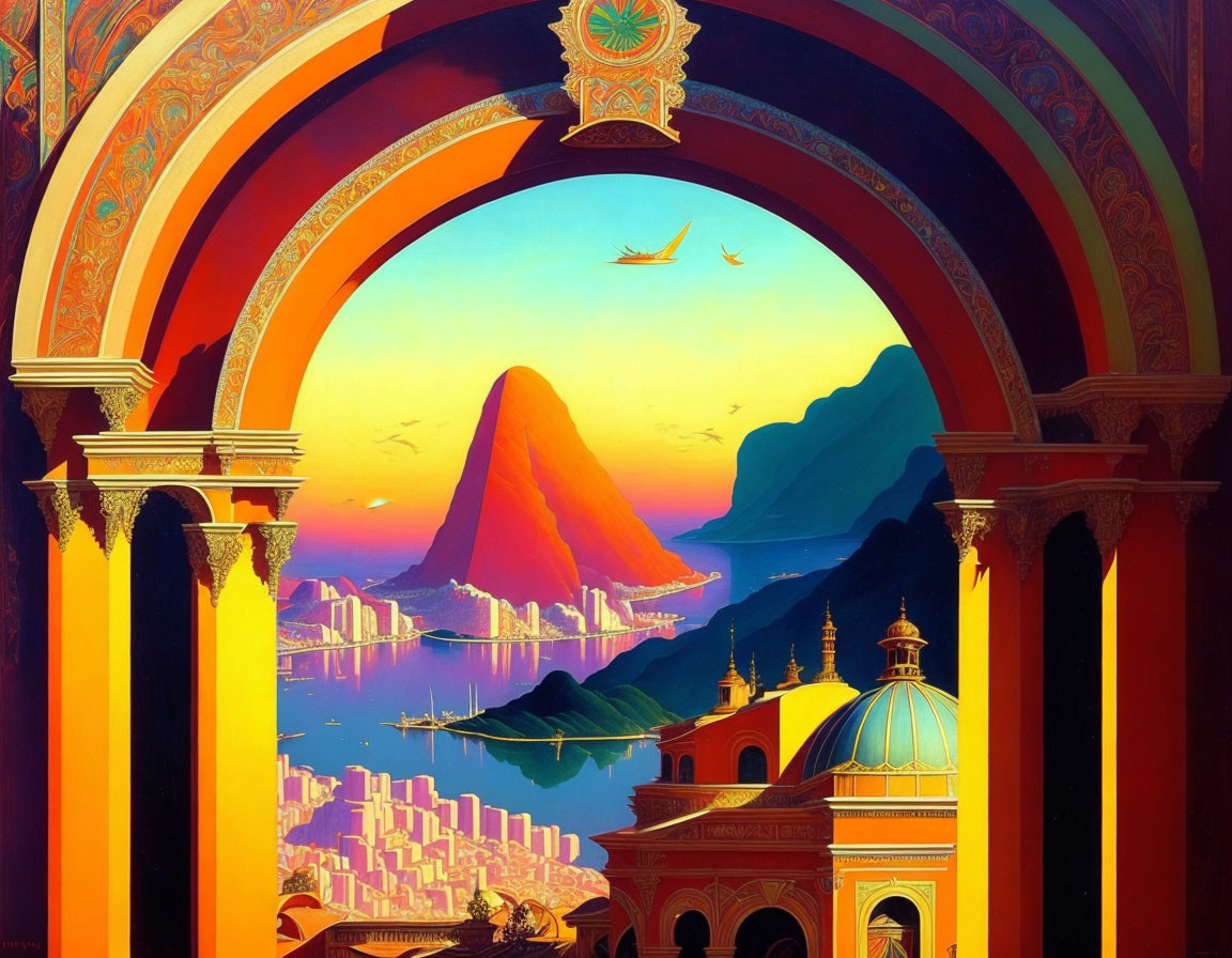 Fantastical landscape with archway, mountain, city, and flying boats at sunset