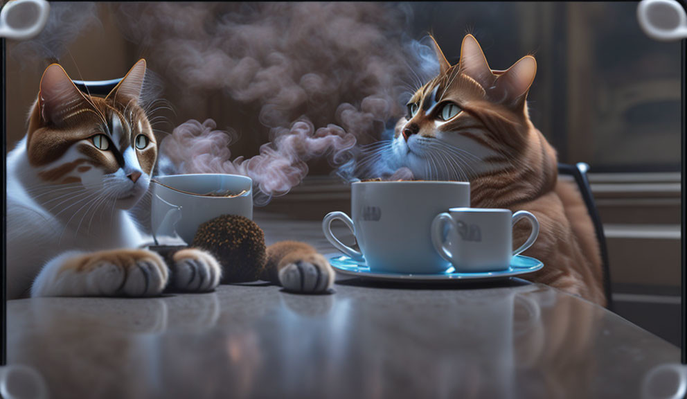 Two animated cats with human-like expressions at a coffee table