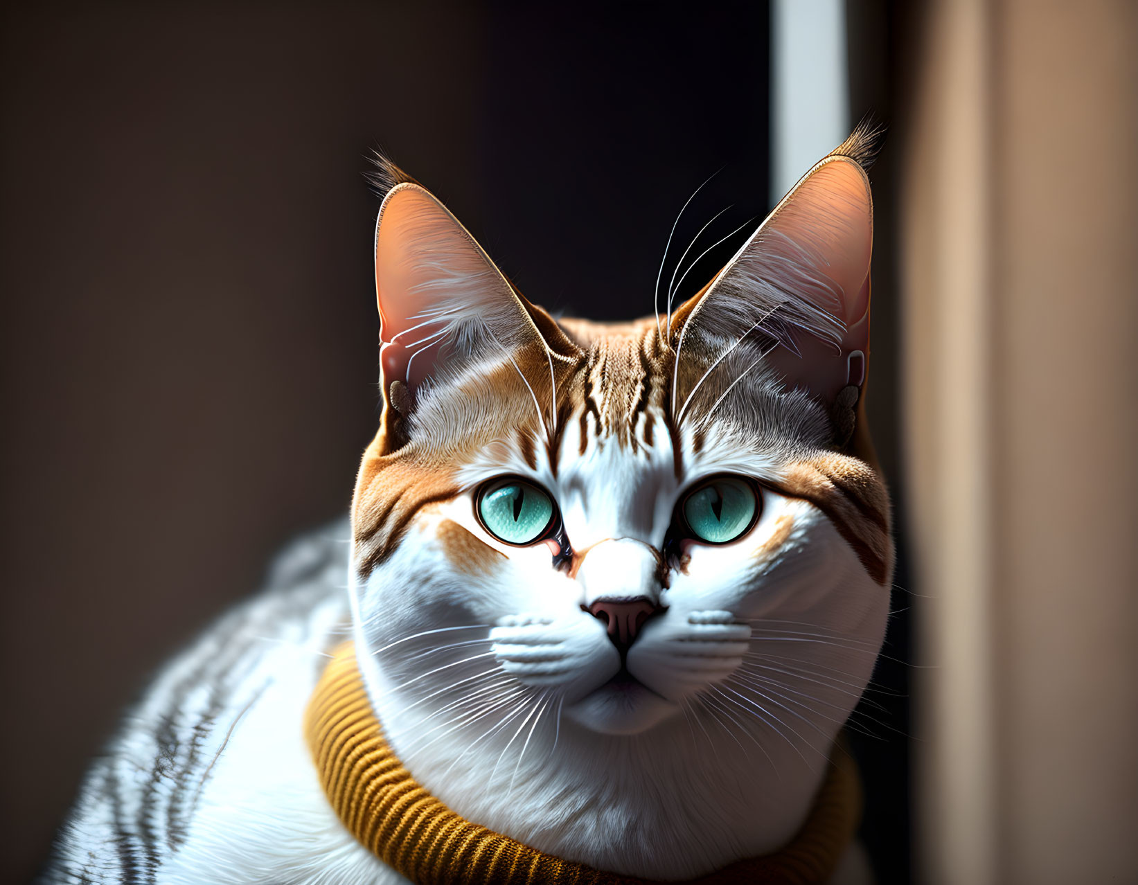 Detailed image: Cat with blue eyes, white and brown coat, yellow collar