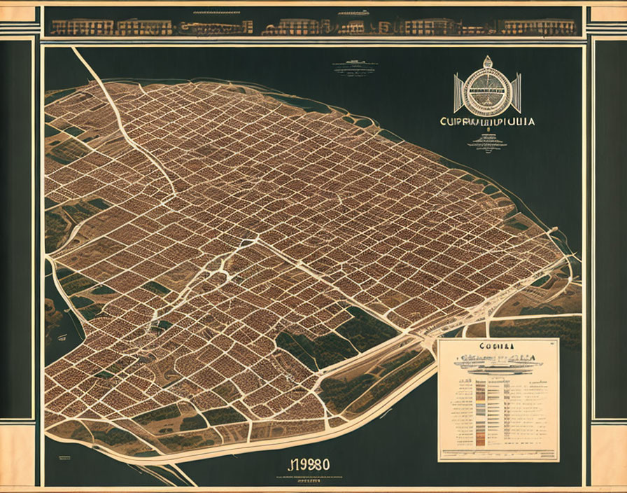 Vintage-style city map with grid layout, street names, title, and legend in Cyrillic text.