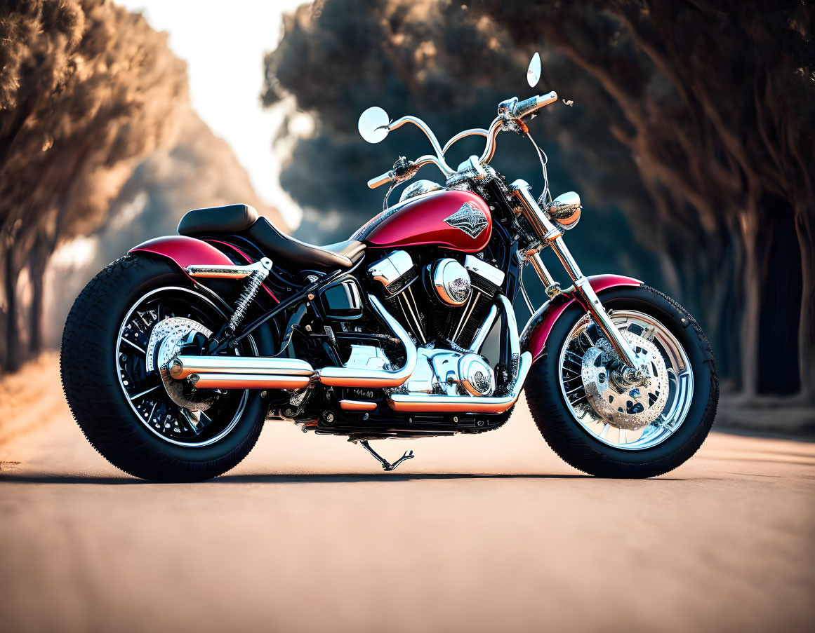 Red and Black Cruiser Motorcycle with Chrome Accents on Road