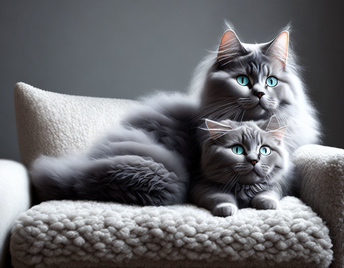 Fluffy grey cats with blue eyes on pet bed against gray background