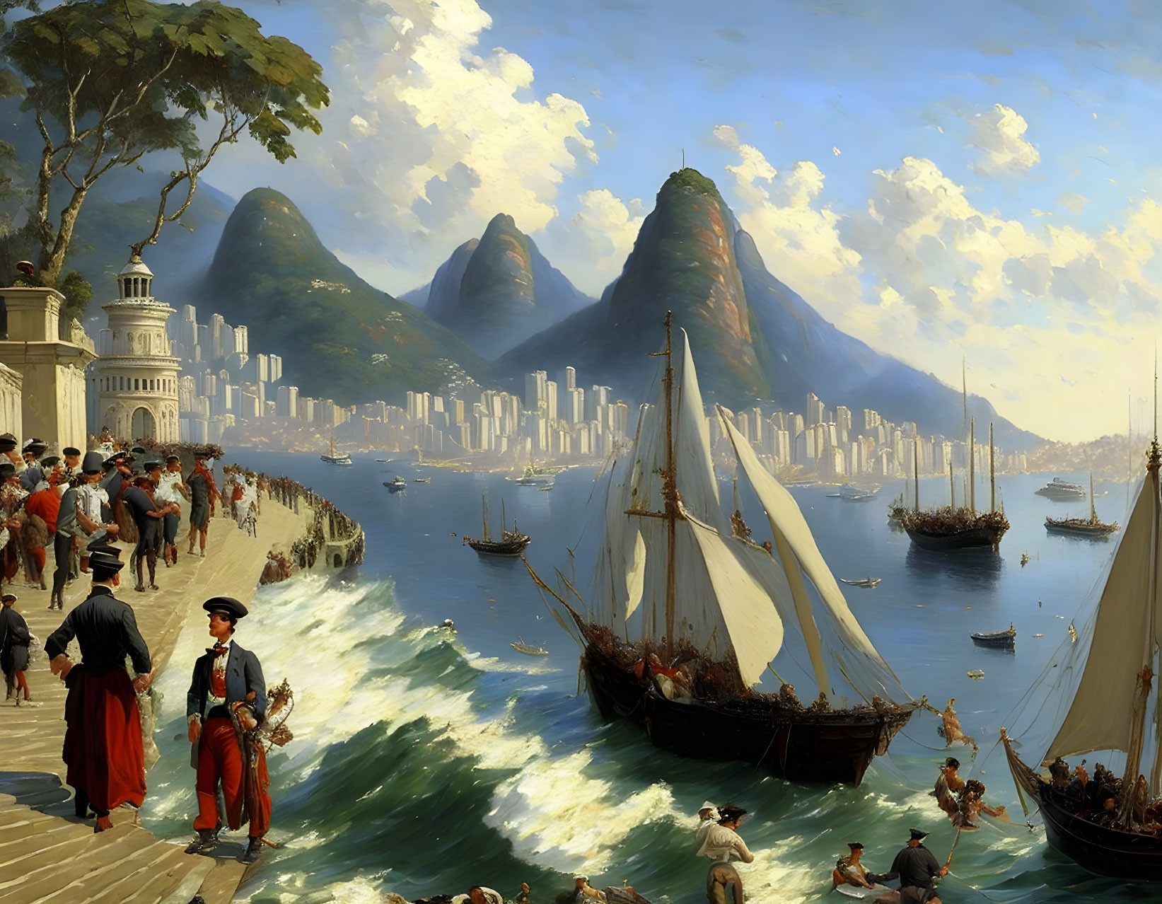 Historical waterfront scene with 19th-century attire, ships, and Rio skyline.