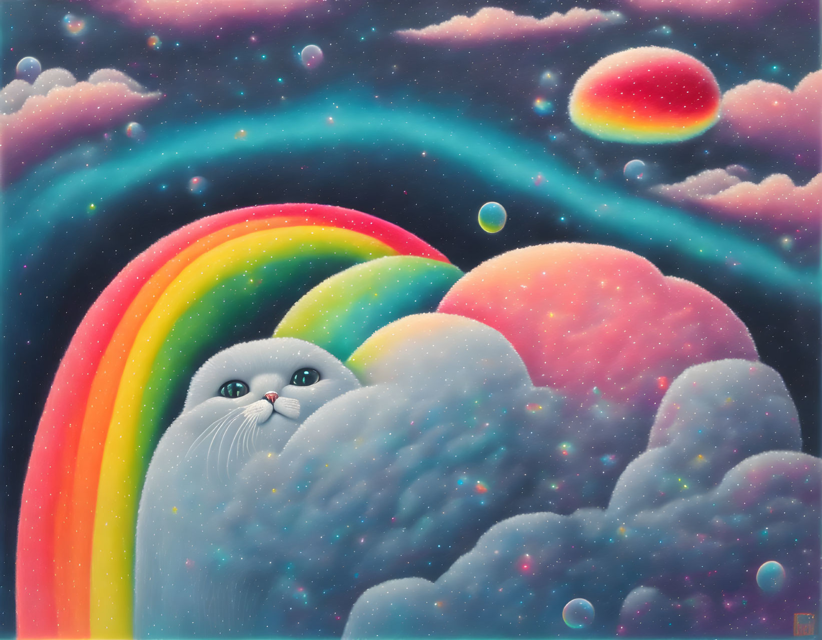 Fluffy cat merged with colorful sky, rainbow, planets, and bubbles