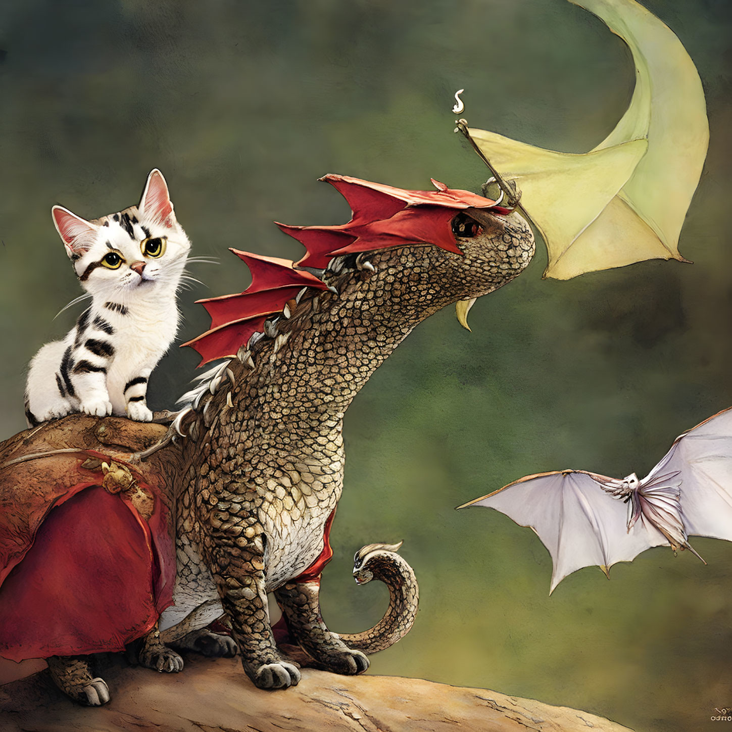 Tabby cat on grey dragon under crescent moon with bats - whimsical fantasy scene