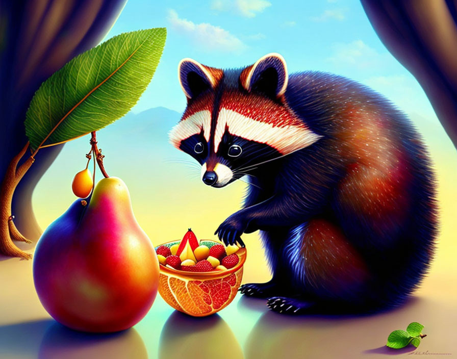 Vibrant raccoon illustration with fruit bowl and pear on colorful background