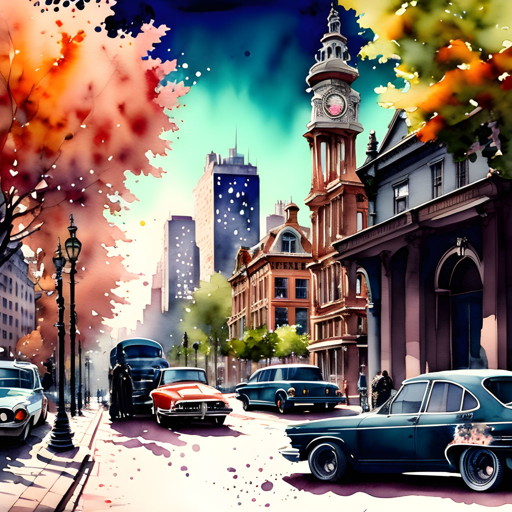 Vintage City Street Scene with Classic Cars, Clock Tower, and Autumn Leaves