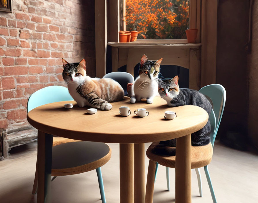 Three cats at small table with cups in brick wall room with window.