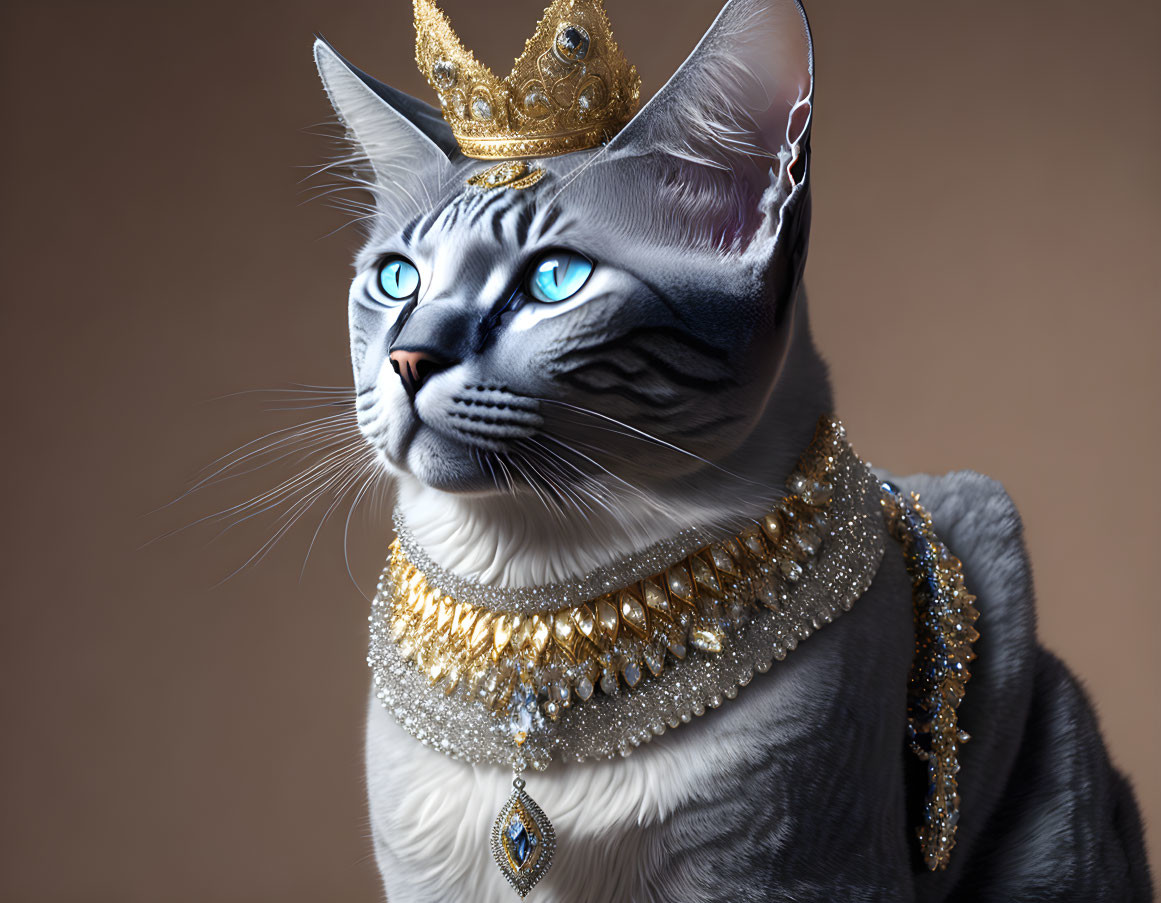 Blue-eyed cat wearing golden crown and necklace symbolizes regal elegance