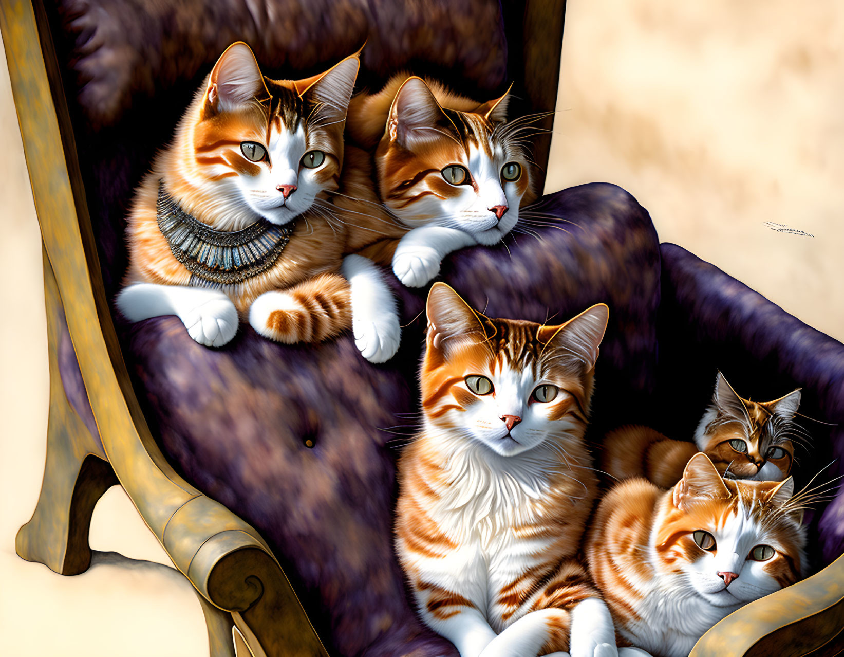 Five Orange and White Cats with Striking Eyes on Plush Purple Chair