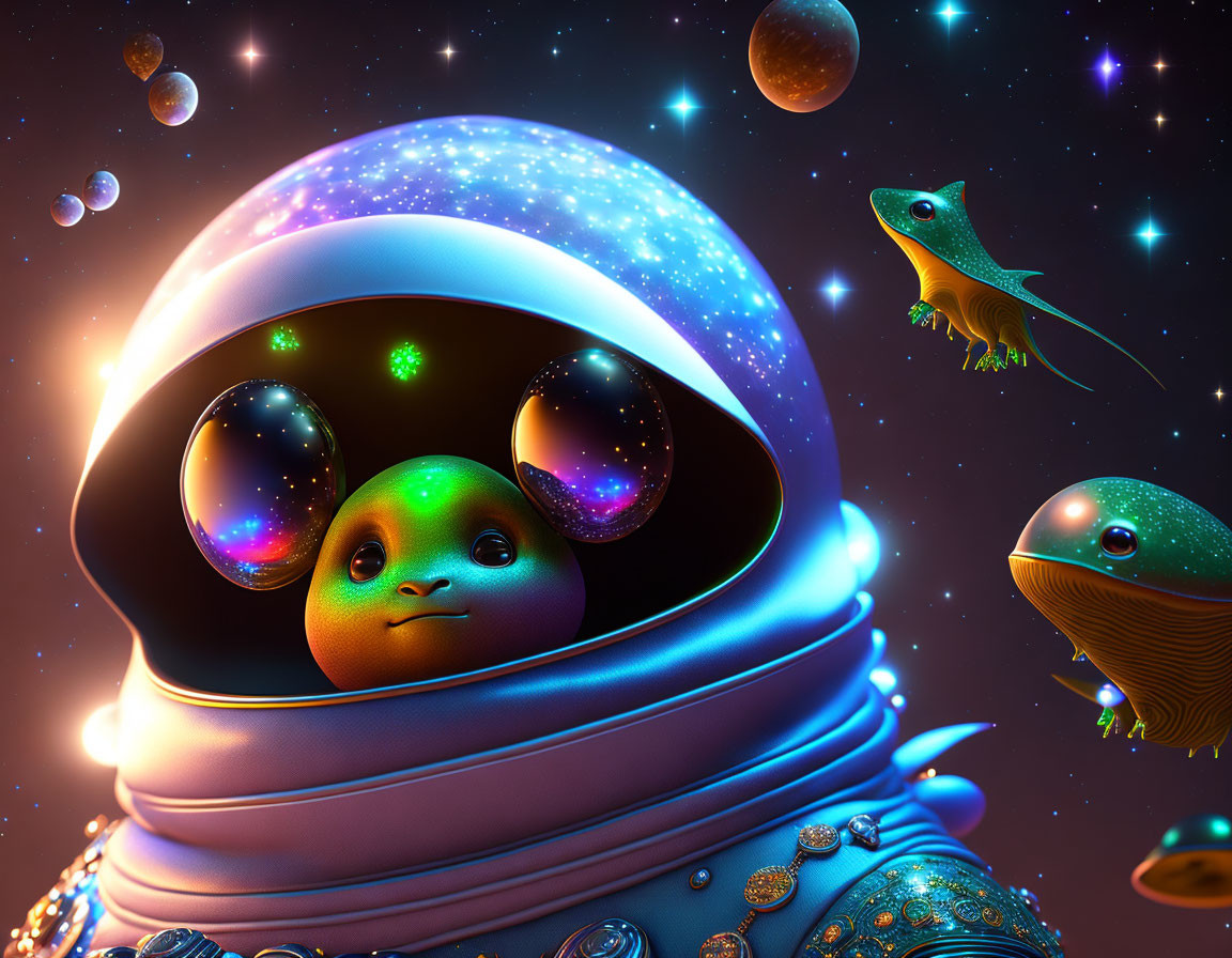 Colorful Alien in Space Suit with Geckos and Celestial Bodies