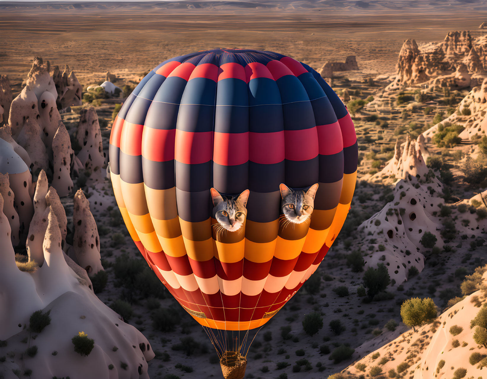 Colorful Hot Air Balloon with Cat Faces Over Desert Landscape at Sunrise or Sunset