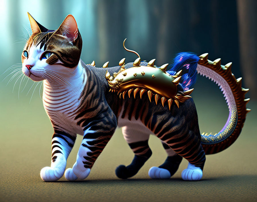 Fantastical armored cat with scales, spikes, and blue flame tail on blurred background