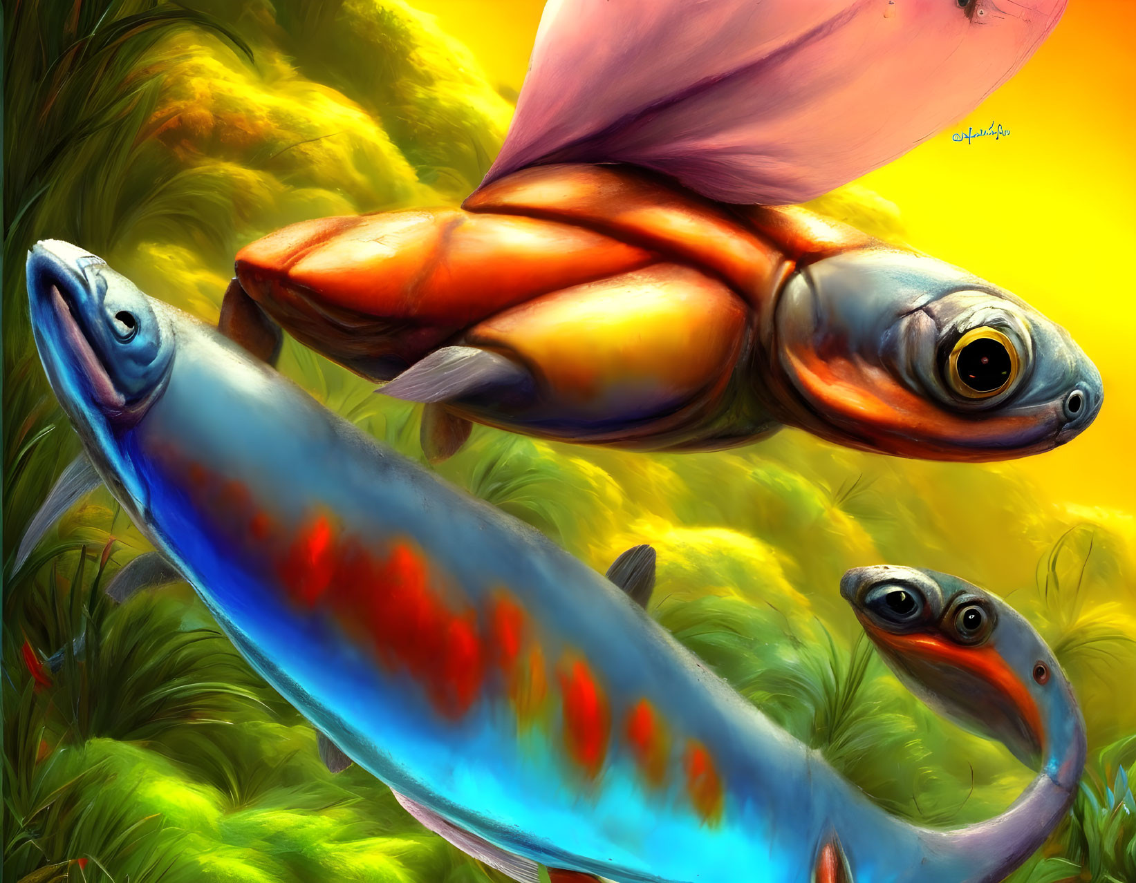 Colorful digital painting: stylized fish in orange and blue against aquatic backdrop