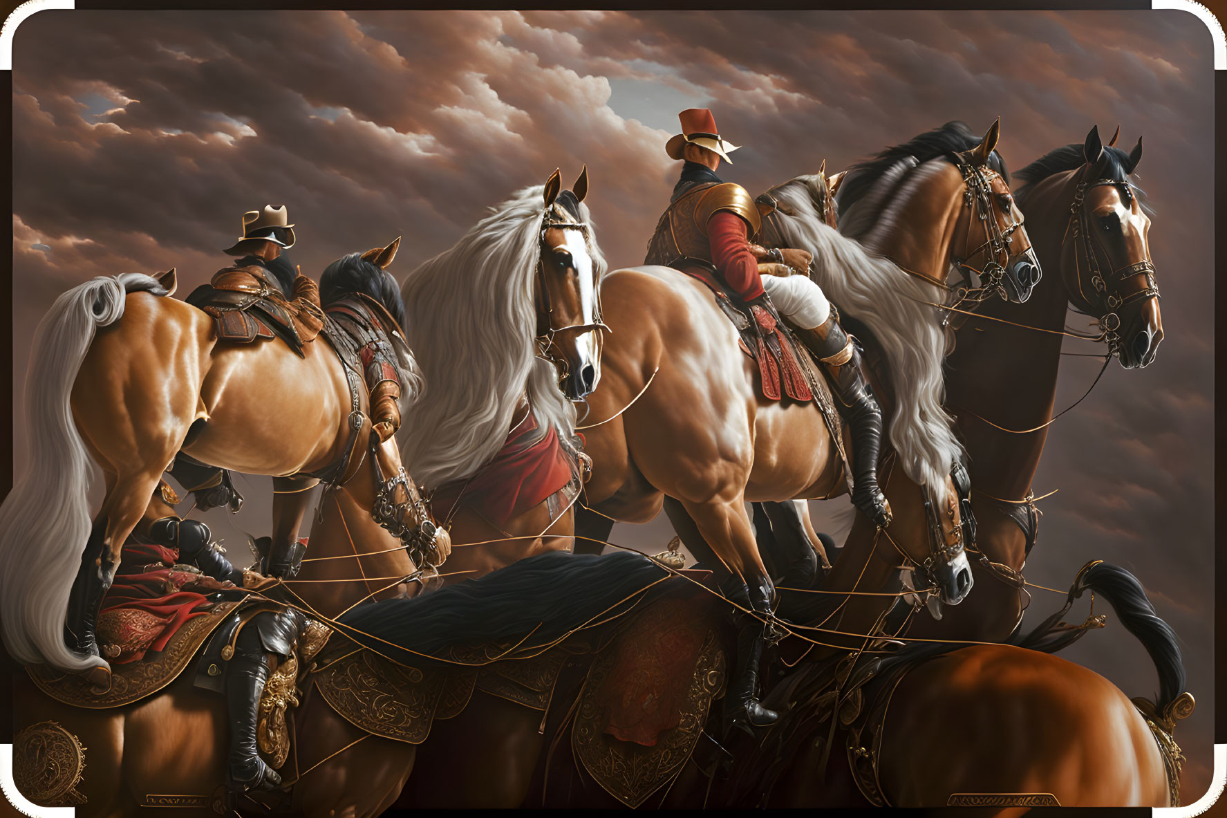 Historical attire person leads ornately-tacked horses under dramatic sky