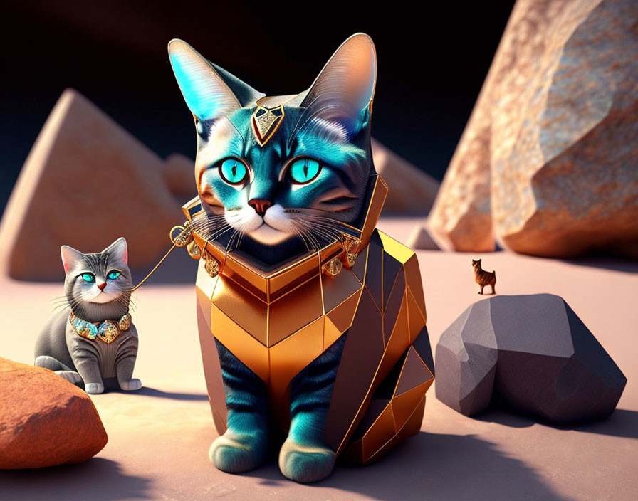 Stylized animated cats with blue eyes and golden armor in desert rocks