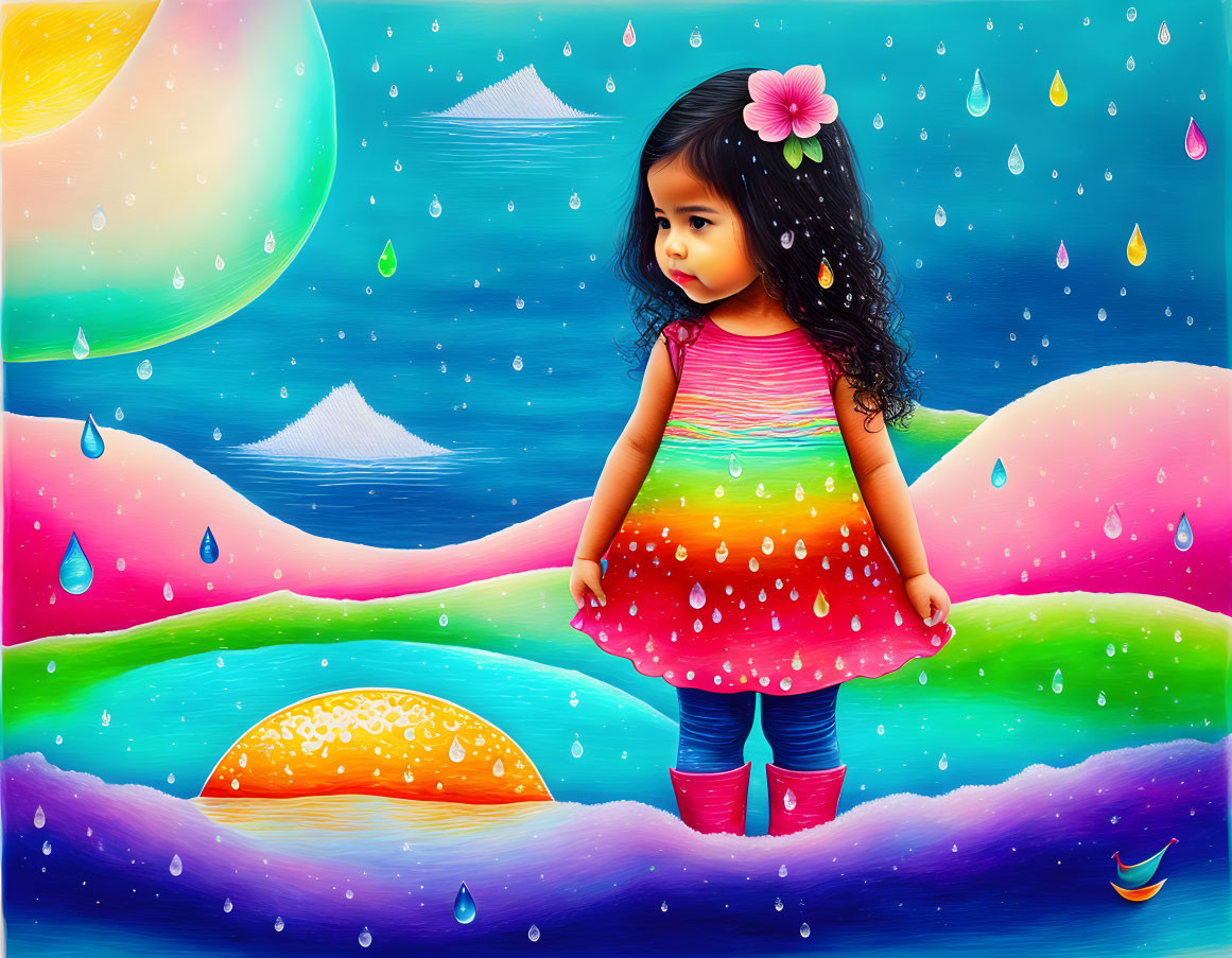 Young girl in colorful dress and boots in vibrant, imaginative landscape