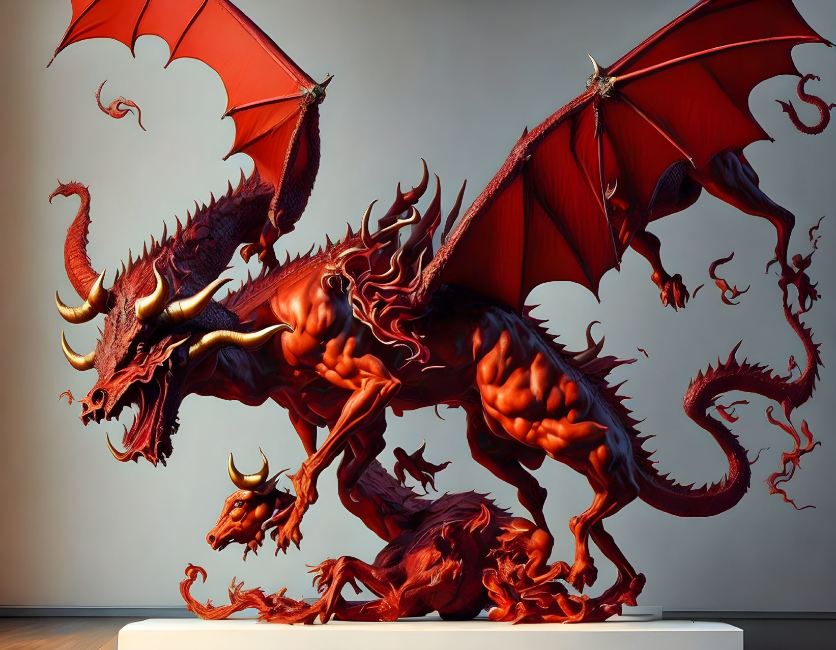 Detailed Red Dragon Sculpture with Expansive Wings